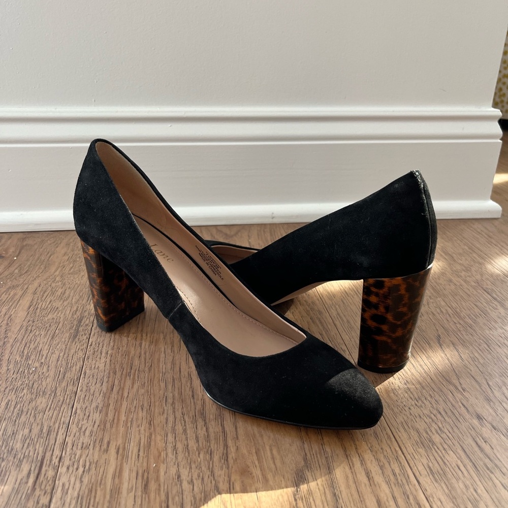 Black Suede Heels with Animal Print Heel from Essex Lane